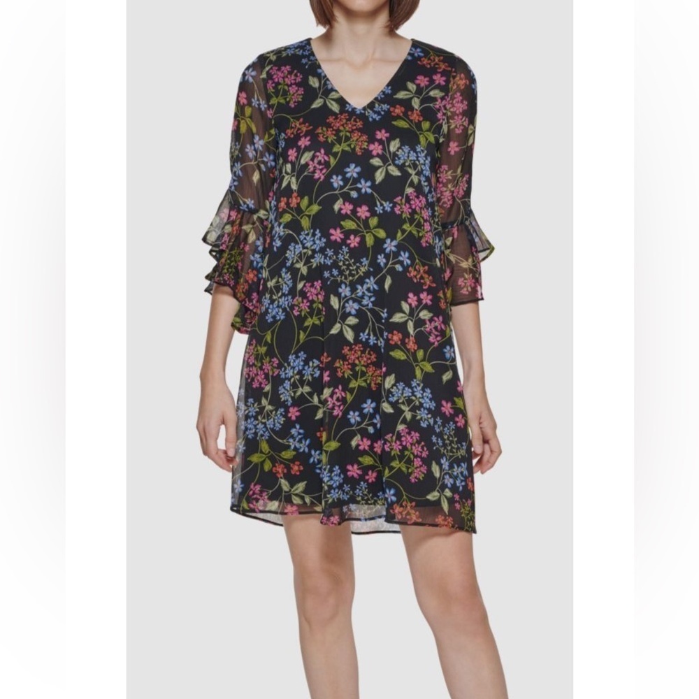Calvin Klein Black Floral Print Chiffon Bell Sleeve Trapeze Dress size 8
